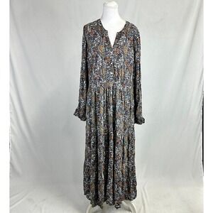 Wonderly Women Sz XL Maxi Dress Blue Paisley Boho Tiered Long Sleeve Cottagecore